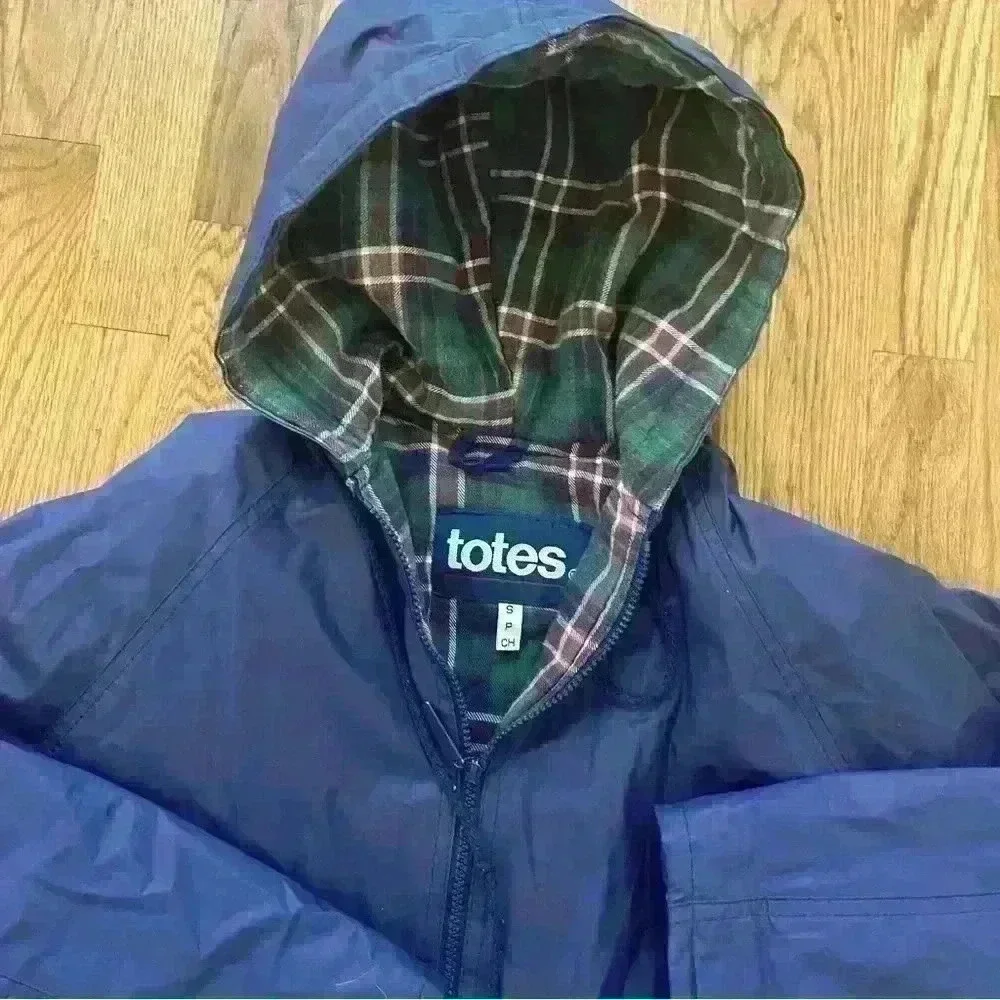 Totes Women's PVC Navy Blue Coat Jacket With Hood Full Zip Size S Raingear